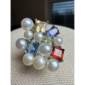 Sterling Silver 925 Ross Simons Cultured Pearl & Multi Gemstone Ring Size 5 VTG